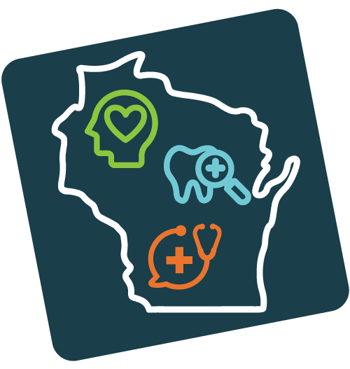 outline of wisconsin with three icons representing mental health, dental services and medical services